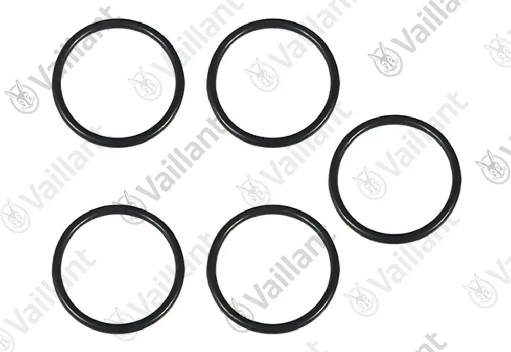 Fünf schwarze O-Ringe der Marke Vaillant, angeordnet in einer Darstellung, die die runde Form und gleichmäßige Dicke der Ringe zeigt.